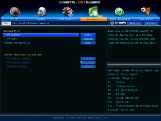 This screenshot shows the TPM sub-menu available options on a Gigabyte motherboard